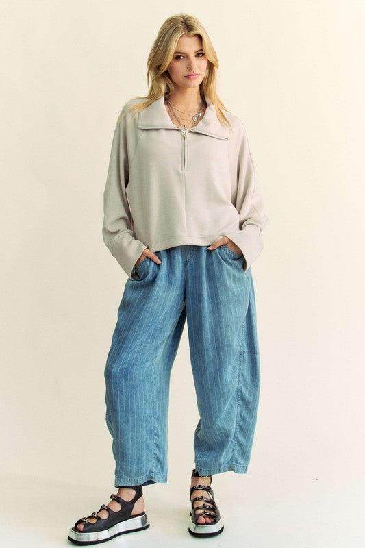 Davi & Dani Drawstring Hem Half Zip Raglan Sleeve Sweatshirt - Selvanelle