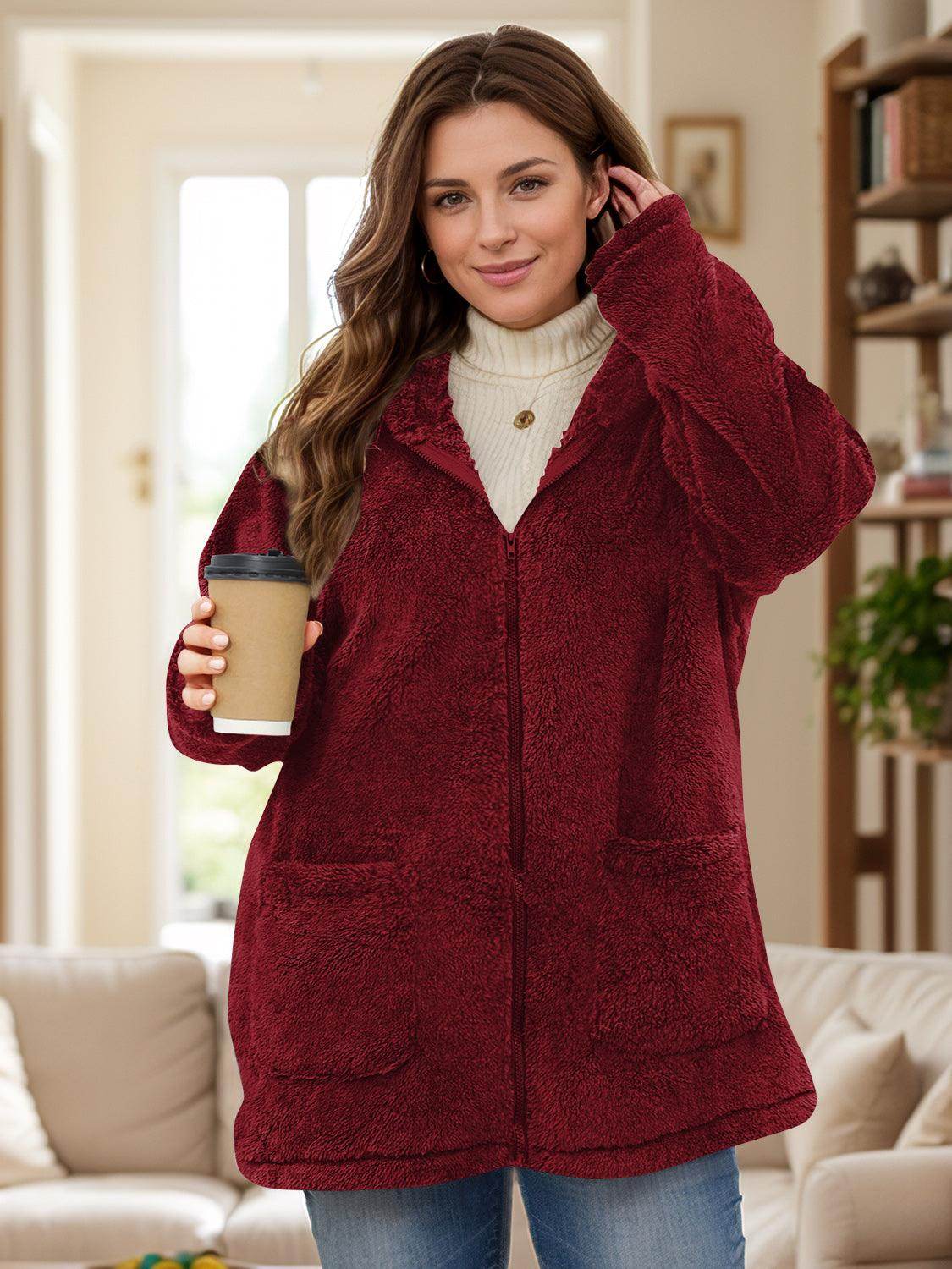 Plus Size Zip Up Long Sleeve Hooded Outerwear Jacket - Selvanelle