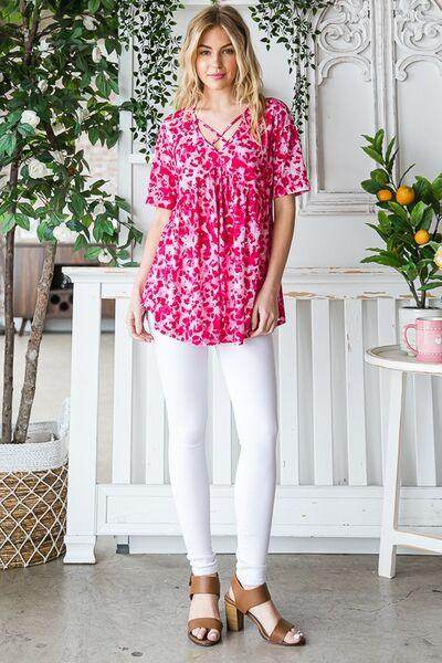 Heimish Full Size Short Sleeve Crisscross Animal Babydoll Top Plus Size - Selvanelle