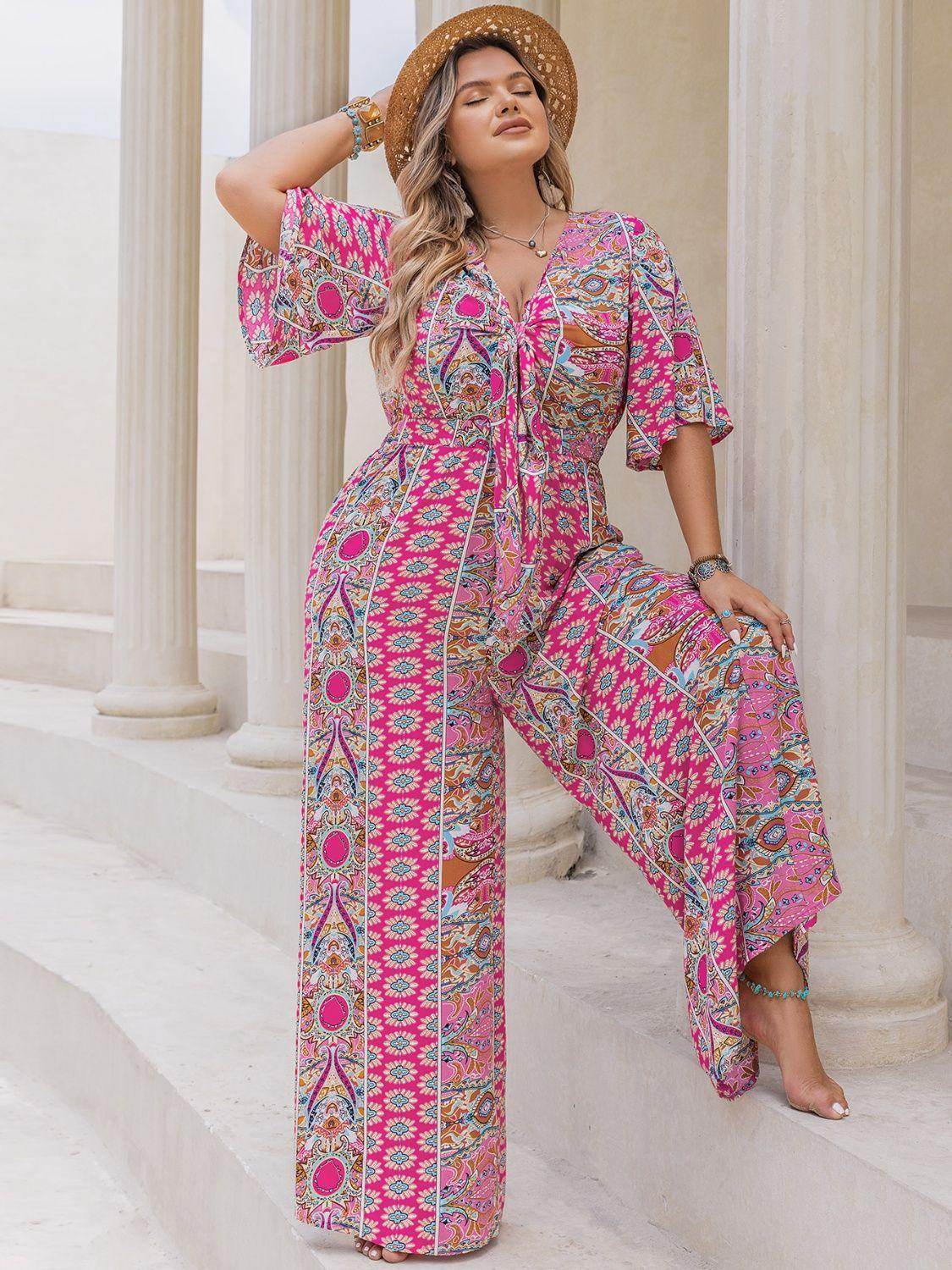 Plus Size Printed Half Sleeve Wide Leg Jumpsuit for Women - Selvanelle