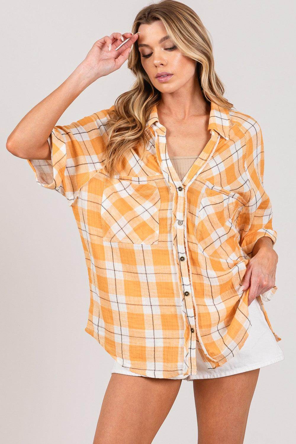 SAGE + FIG Plaid Button Up Side Slit Shirt for Women - Selvanelle