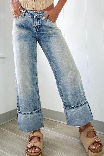 Washed Wide Leg Jeans with Pockets for Trendy Comfort - Selvanelle