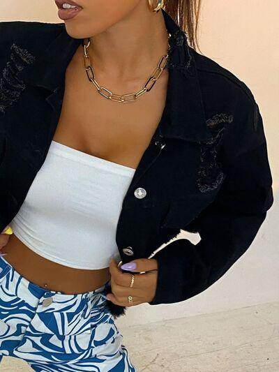 Distressed Collared Neck Long Sleeve Denim Top for Women - Selvanelle