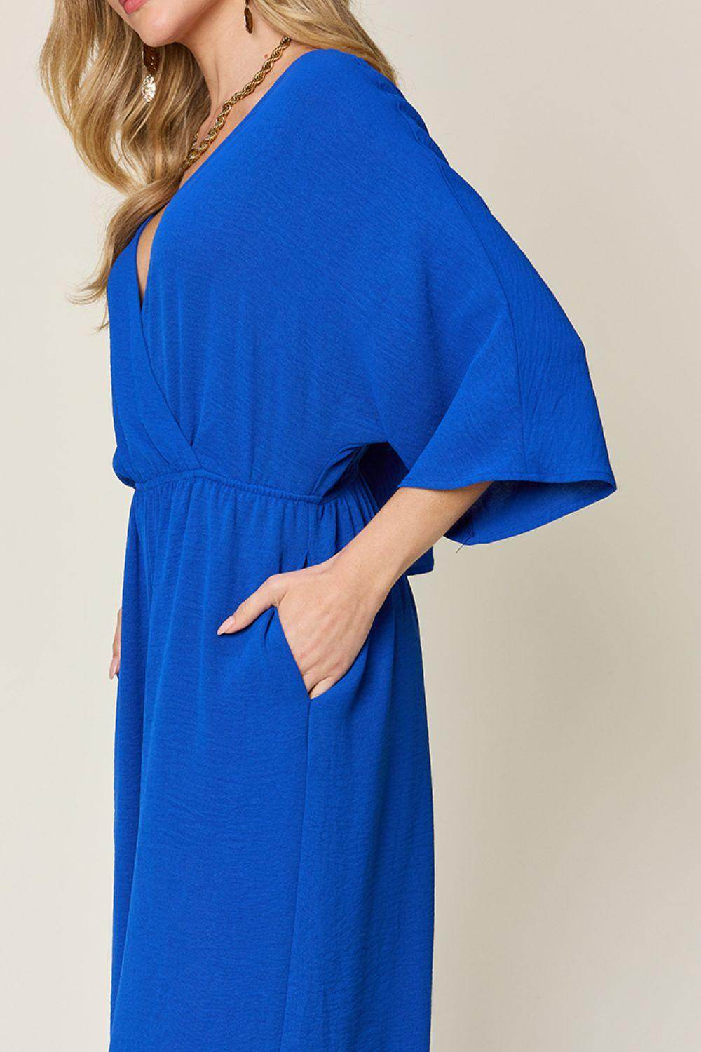 Double Take Full Size Surplice Wide Leg Jumpsuit with Pockets - Selvanelle