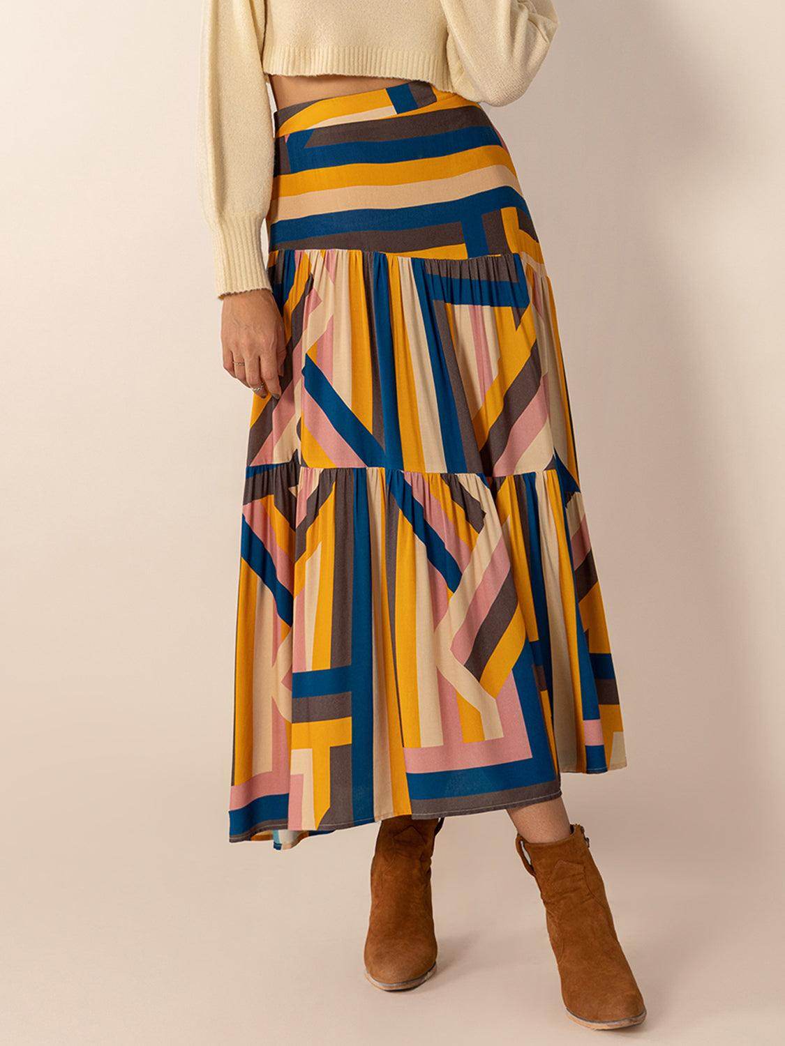 Ruched Elastic Waist Contrast Midi Skirt for Women Fashion - Selvanelle