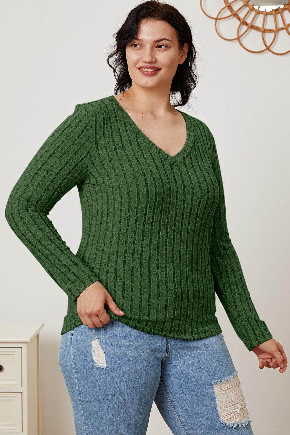 Basic Bae Full Size Ribbed V-Neck Long Sleeve T-Shirt - Selvanelle
