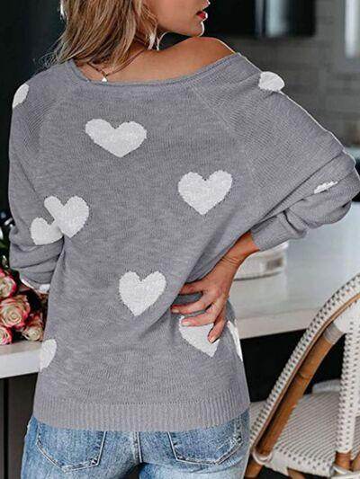 Heart Scoop Neck Long Sleeve Sweater for Women Cozy Style - Selvanelle