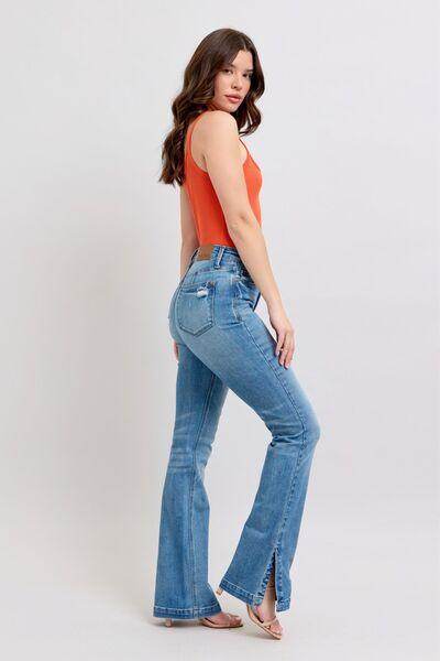 Judy Blue HW Tummy Control Vintage Wash Side Slit Slim Boot Jeans - Selvanelle
