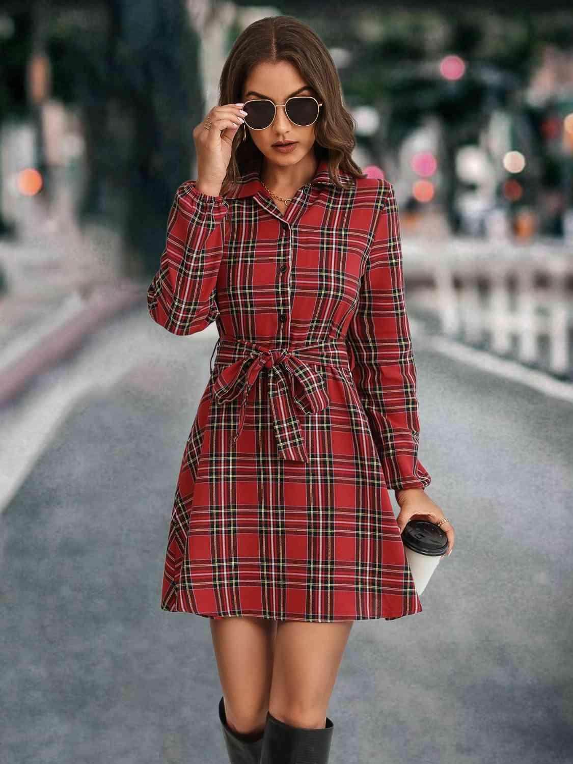 Plaid Tie Front Collared Neck Long Sleeve Dress For Women - Selvanelle