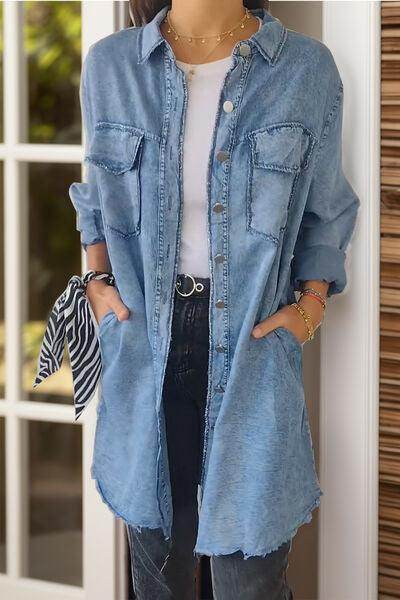 Full Size Pocketed Button Up Long Sleeve Denim Jacket Sale - Selvanelle