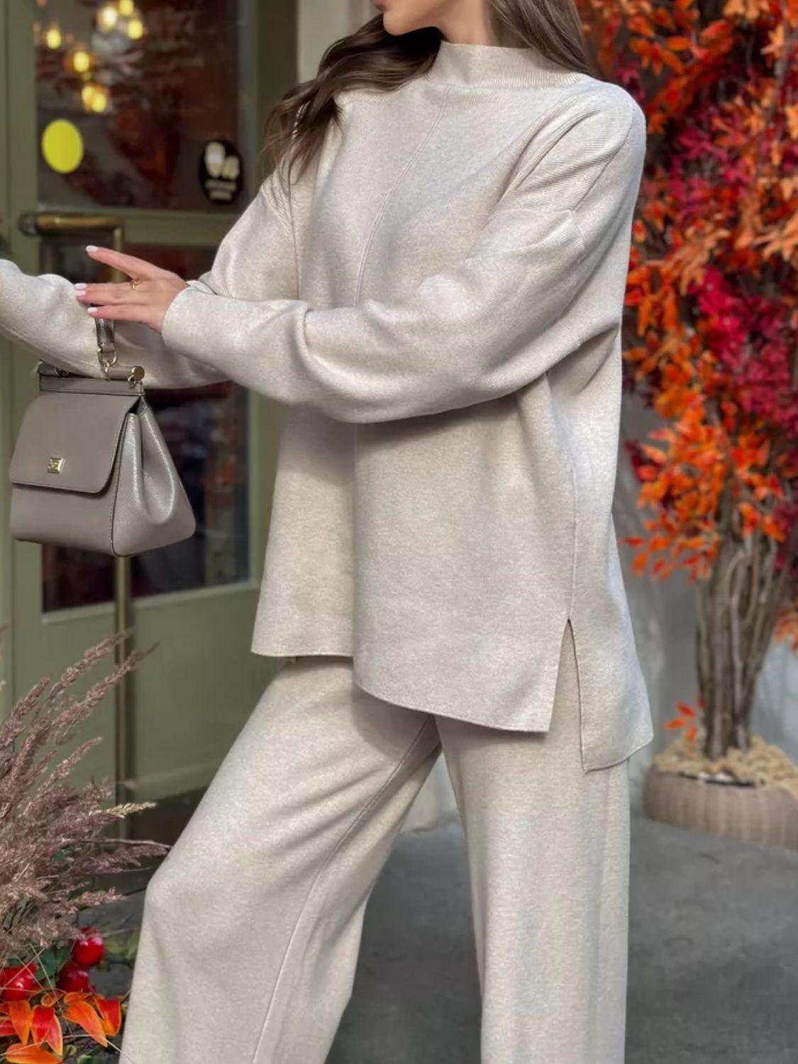 Slit Mock Neck Top and Pants Sweater Set for Women - Selvanelle