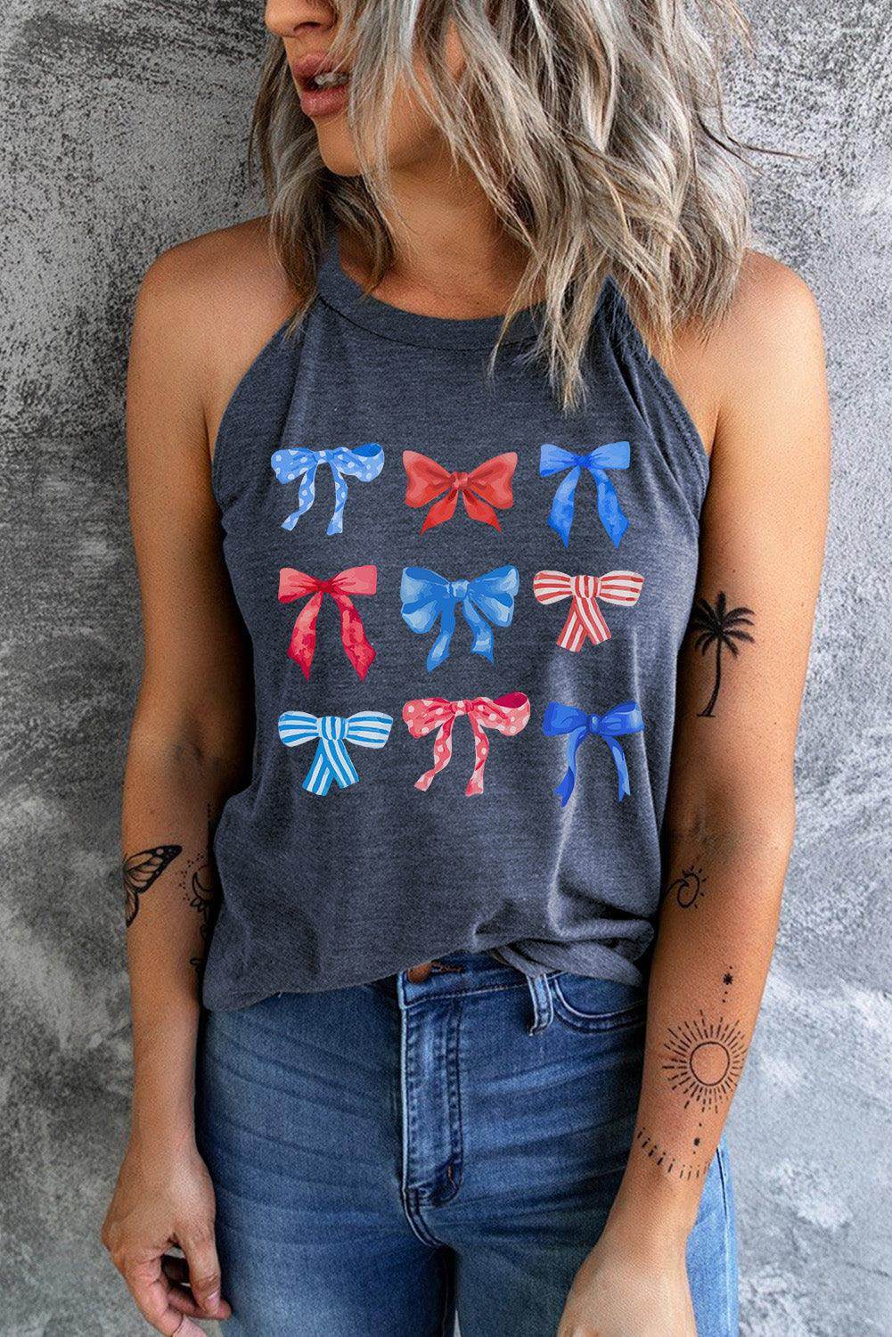 Bow Graphic Round Neck Tank for Stylish Summer Wear - Selvanelle