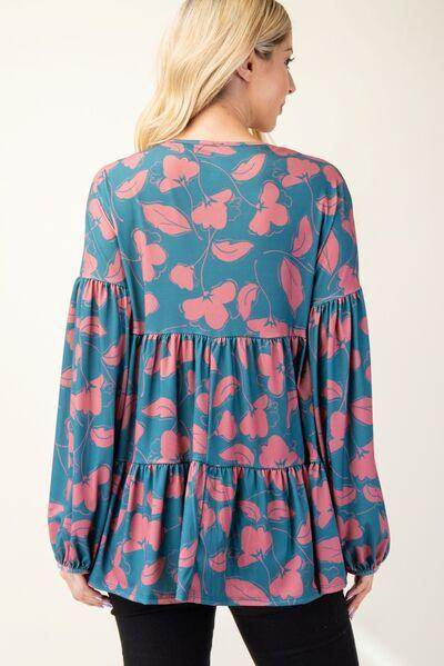 Celeste Full Size Tiered Floral V-Neck Long Sleeve Blouse - Selvanelle