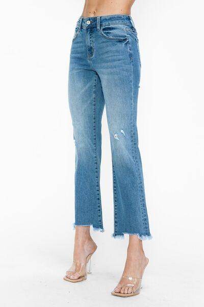 bytos Raw Hem Distressed Mid Rise Crop Jeans for Women - Selvanelle