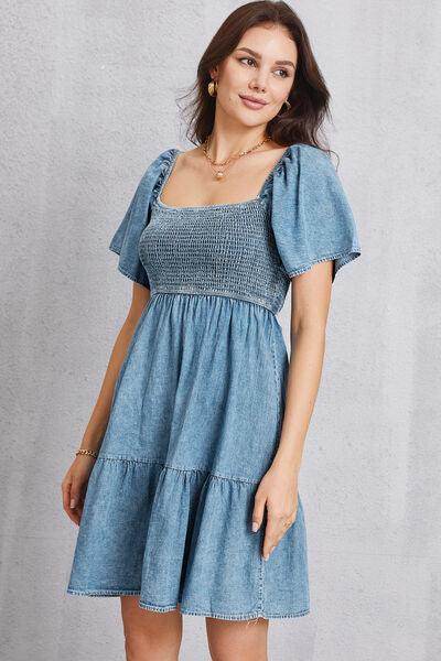 Smocked Square Neck Mini Denim Dress for Women Stylish - Selvanelle