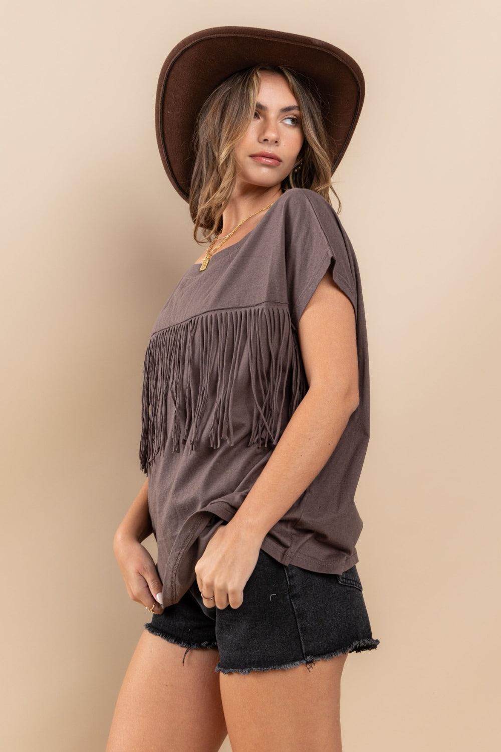 Ces Femme Fringe Detail Round Neck Short Sleeve Top Fashion - Selvanelle