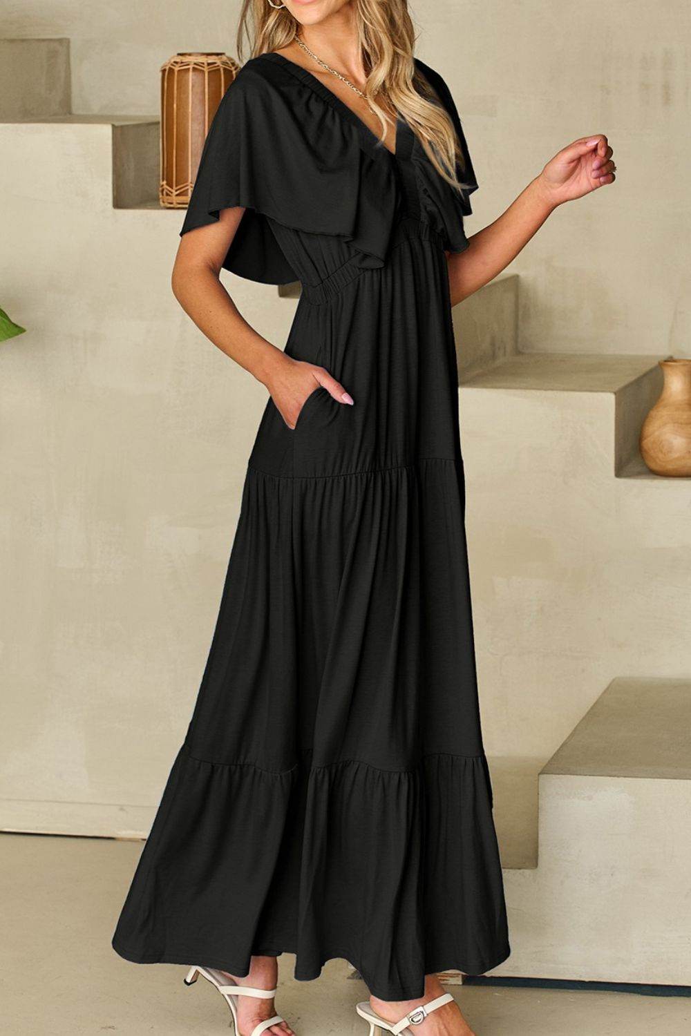 Ruffled V Neck Flutter Sleeve Maxi Dress - Selvanelle