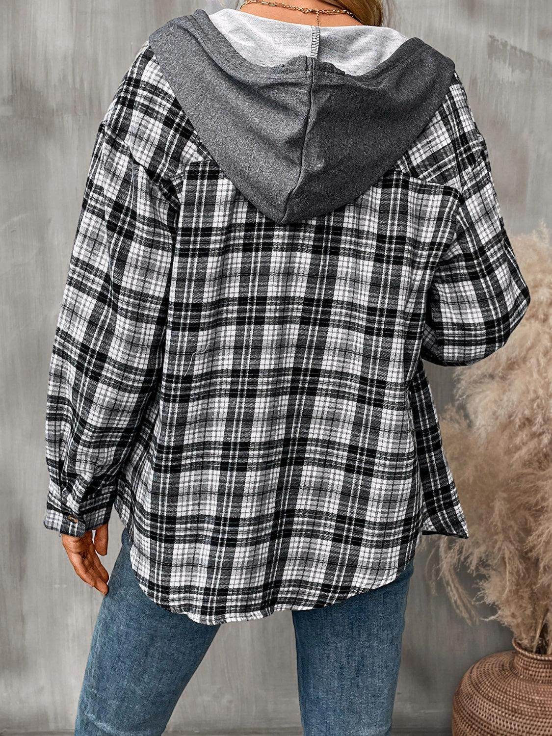 Plaid Long Sleeve Hooded Jacket for Women with Pockets - Selvanelle
