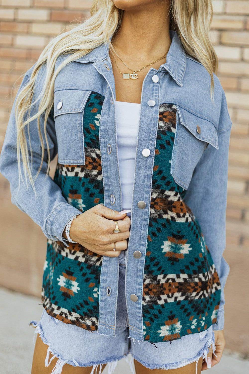 Pocketed Button Up Long Sleeve Denim Jacket for Women - Selvanelle
