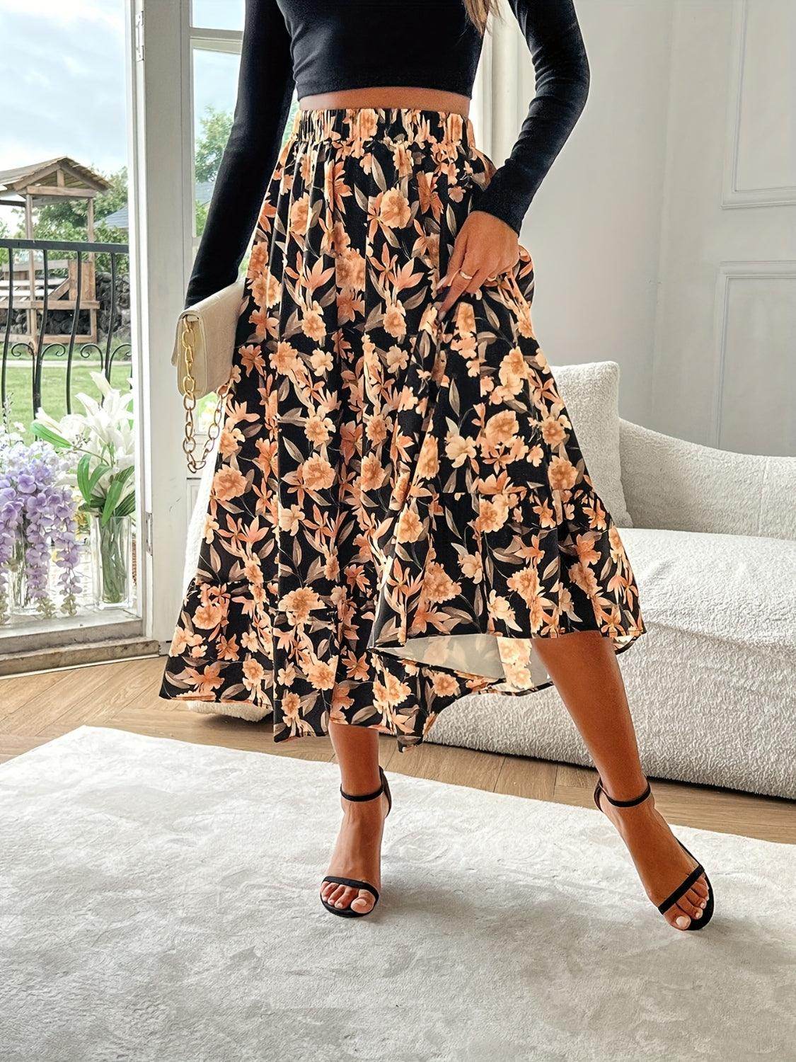 Floral Elastic Waist Midi Skirt for Effortless Style - Selvanelle