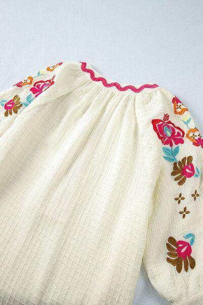 Floral Embroidered Notched Puff Sleeve Blouse for Women - Selvanelle