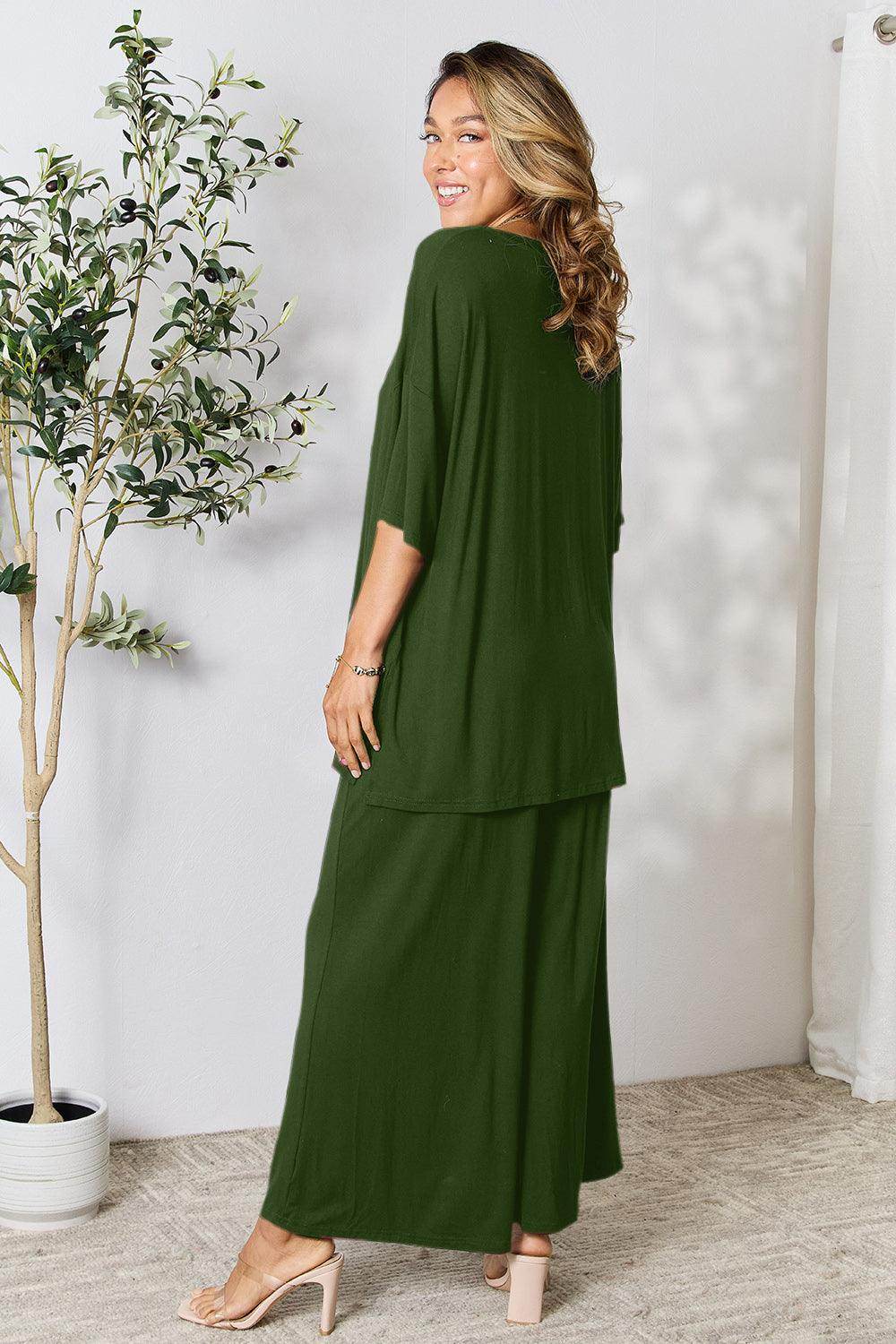 Double Take Full Size Round Neck Slit Top and Pants Set - Selvanelle