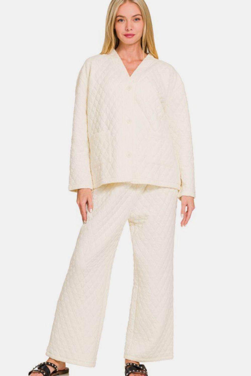 Zenana Quilted Button Up Long Sleeve Top and Pants Set - Selvanelle