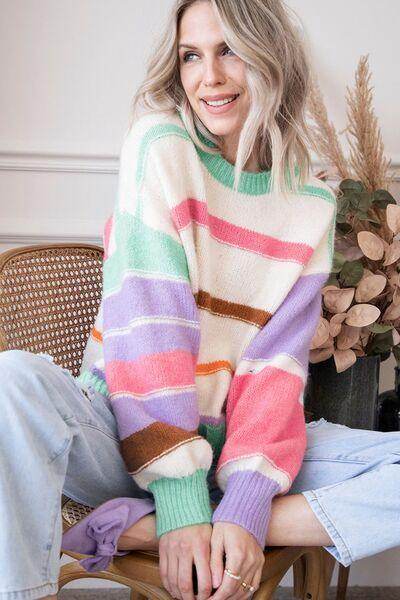 Contrast Striped Round Neck Drop Shoulder Sweater for Women - Selvanelle