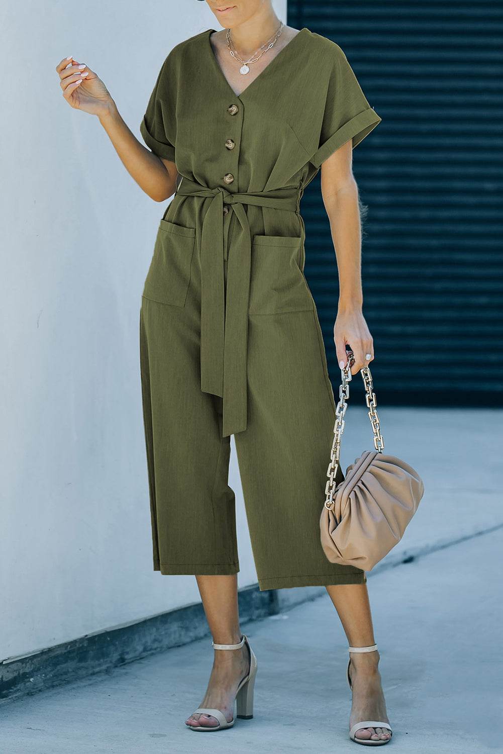 Tie-Waist Buttoned Cropped Jumpsuit - Selvanelle