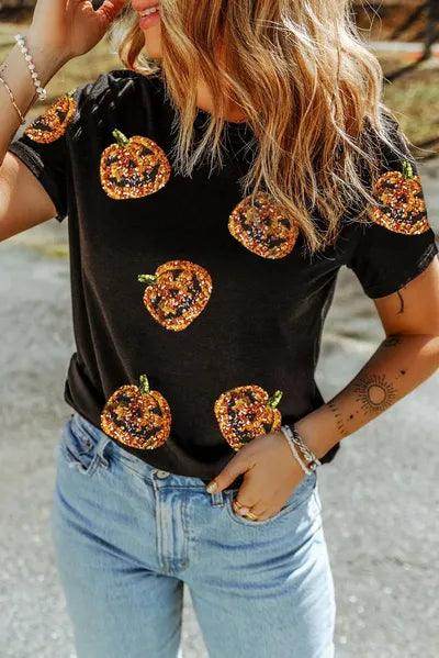 Sequin Pumpkin Round Neck Short Sleeve T-Shirt for Women - Selvanelle