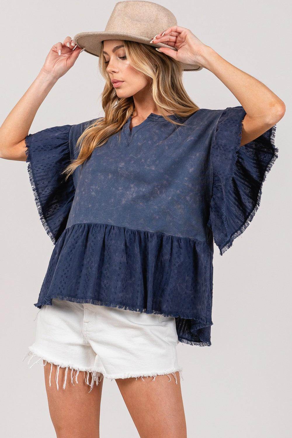 SAGE + FIG Ruffle Sleeve Washed Short Sleeve Blouse for Women - Selvanelle