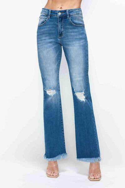 Bytos Full Size Raw Hem Distressed High Rise Bootcut Jeans - Selvanelle