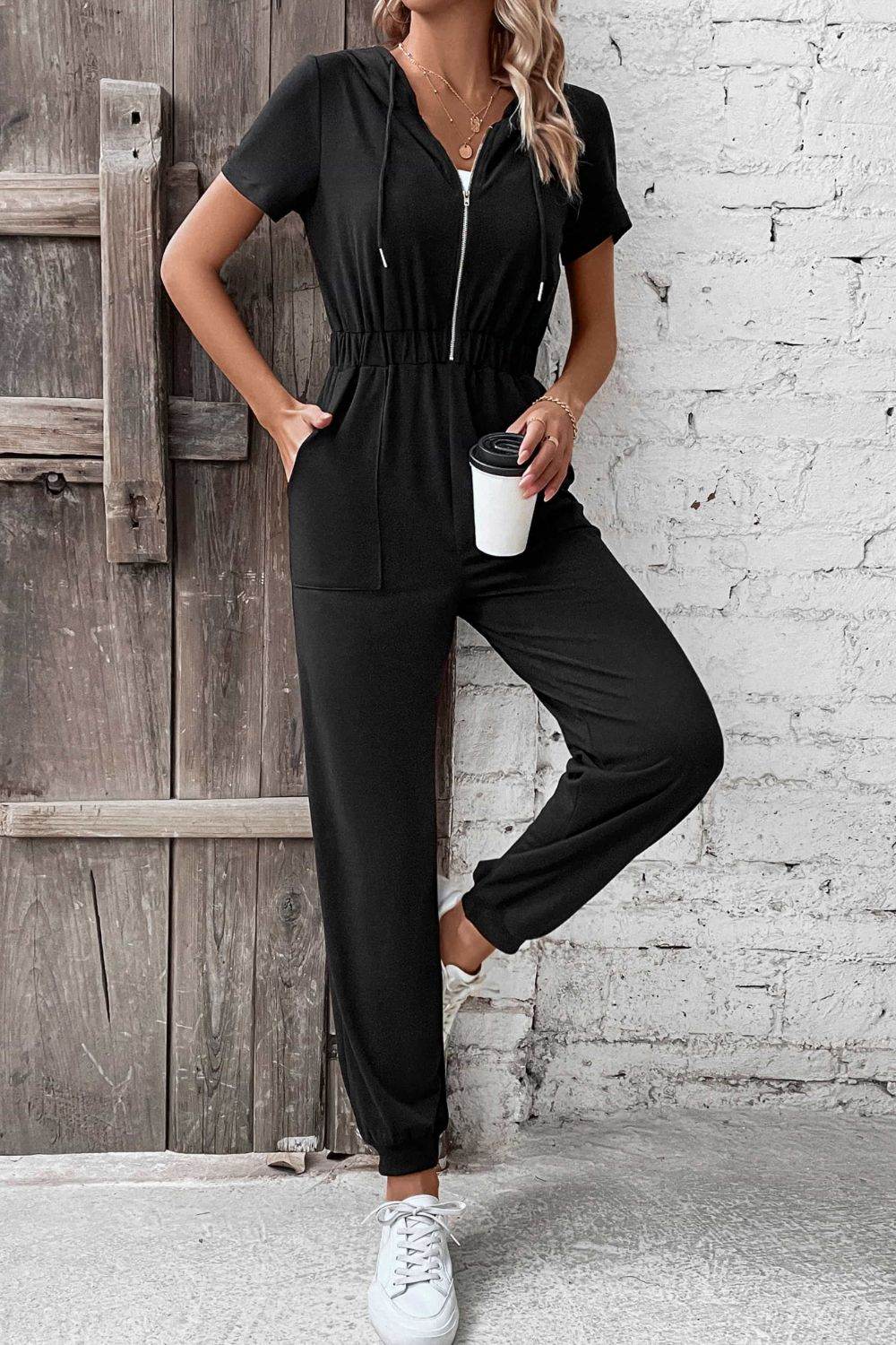 Perfee Zip-Up Short Sleeve Hooded Jumpsuit with Pockets - Selvanelle