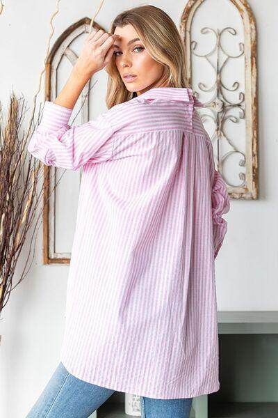 First Love Full Size Striped Button Down High-Low Shirt - Selvanelle