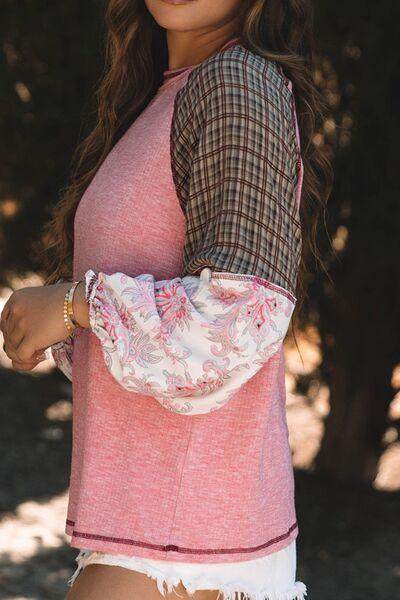 Plaid Floral Patchwork Round Neck Long Sleeve Top for Women - Selvanelle