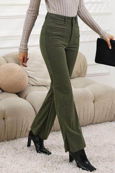 High Waist Square Pockets Corduroy Pants for Women - Selvanelle