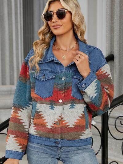 Geometric Button Up Long Sleeve Denim Jacket for Women - Selvanelle