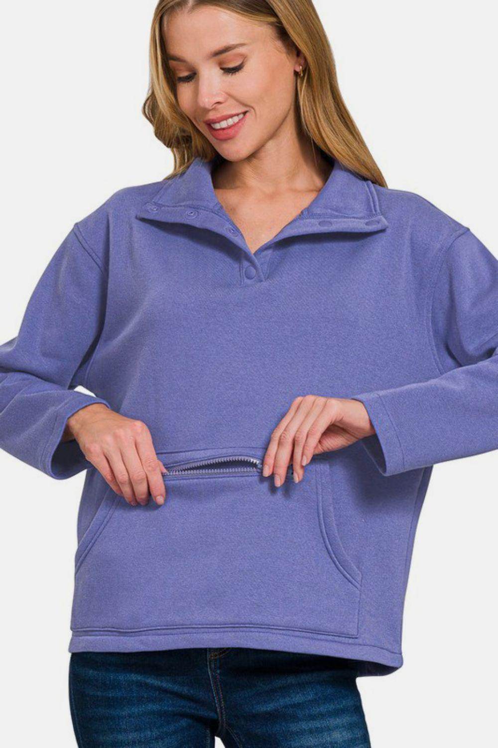 Zenana Turtleneck Half Snap Fleece Sweatshirt for Women - Selvanelle