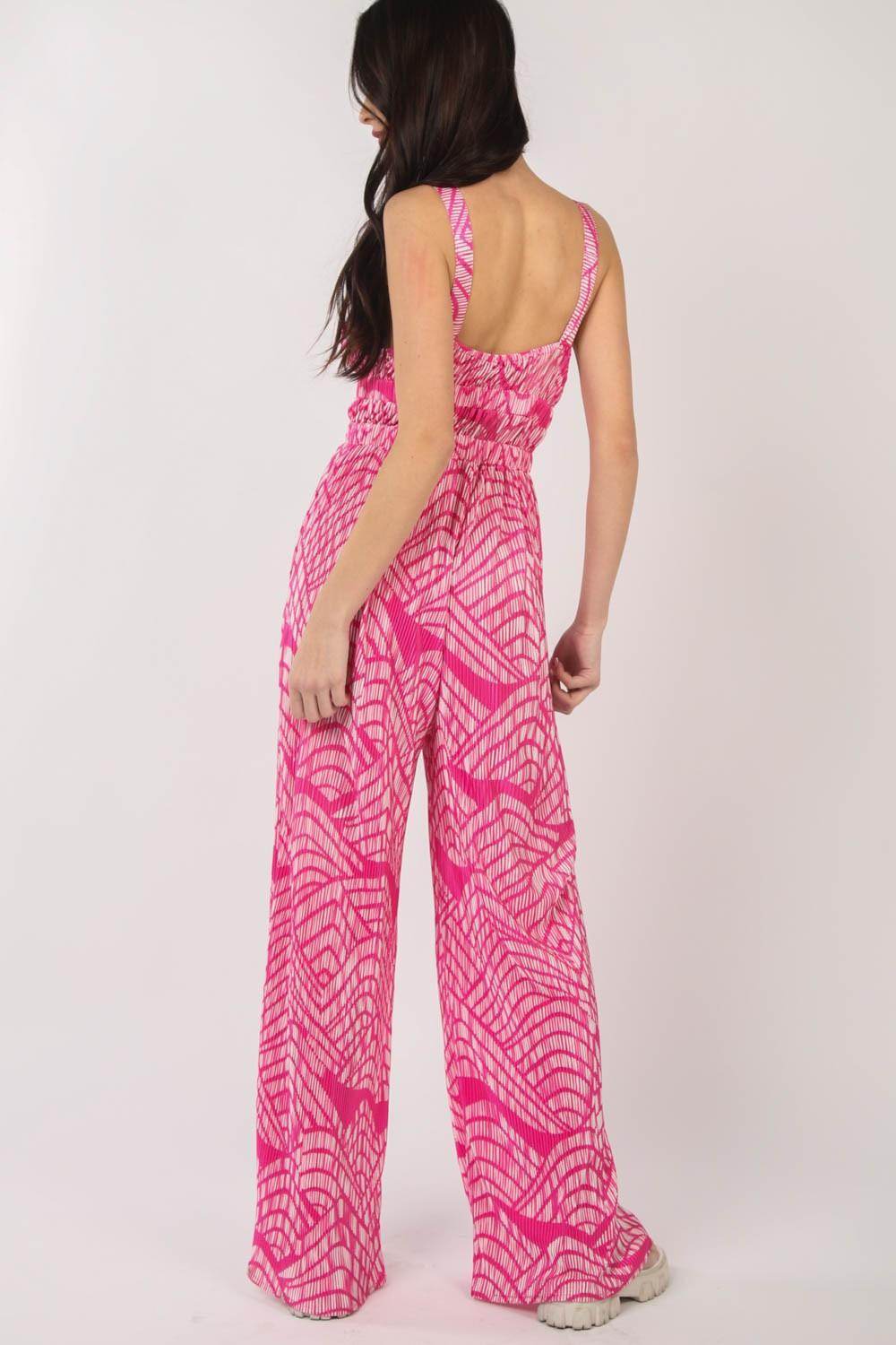 Very J Printed Pleated Sleeveless Wide Leg Jumpsuit - Selvanelle