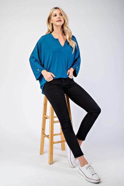 Celeste Full Size Notched Three-Quarter Sleeve Blouse for Women - Selvanelle