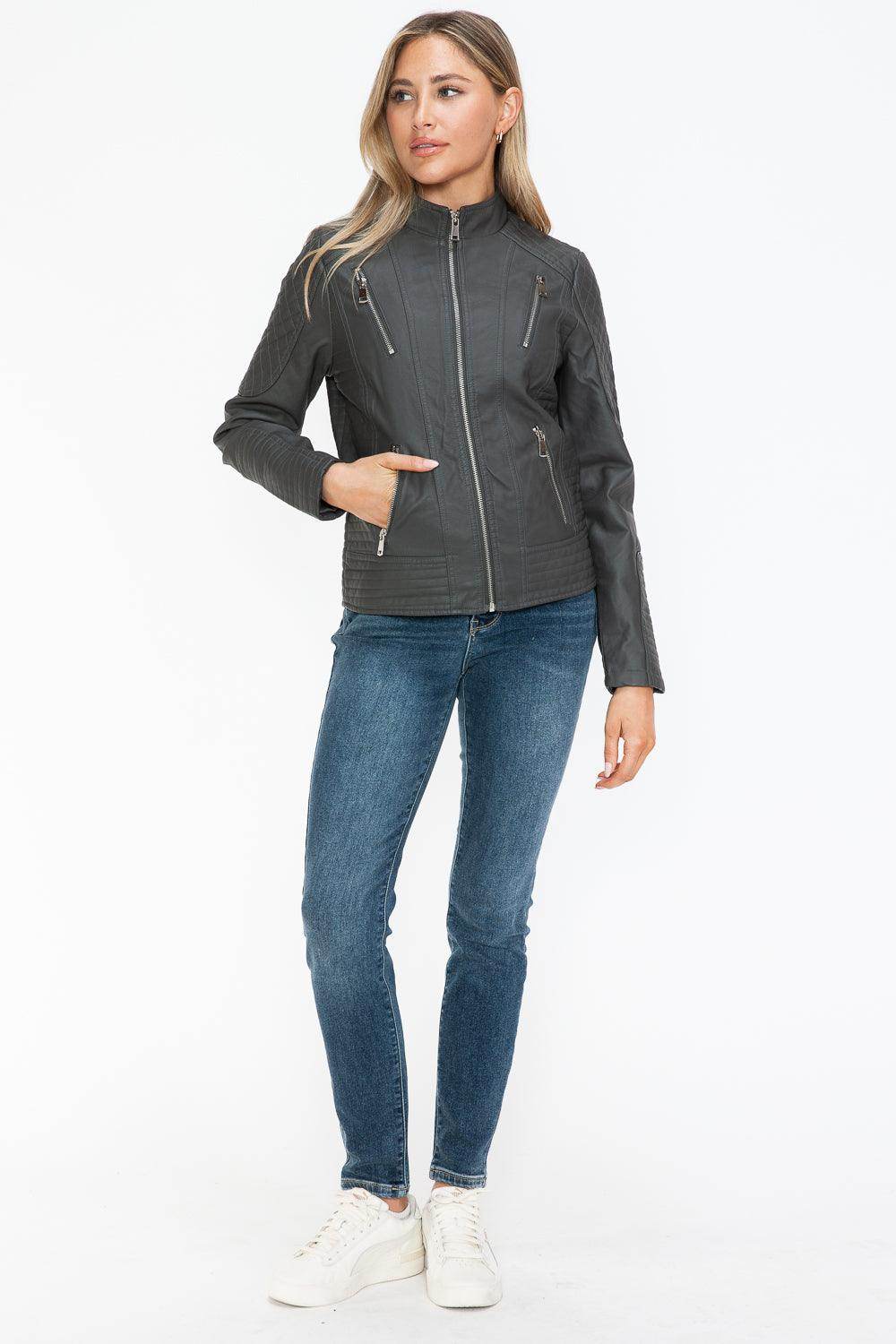 Snobbish Faux Leather Zip Up Mock Neck Jacket for Women - Selvanelle