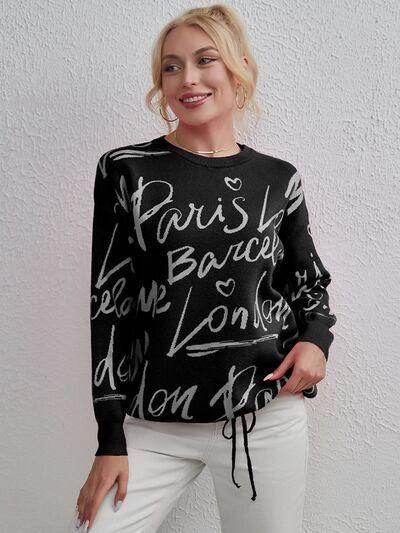 Drawstring Hem Letter Pattern Round Neck Dropped Shoulder Sweater - Selvanelle