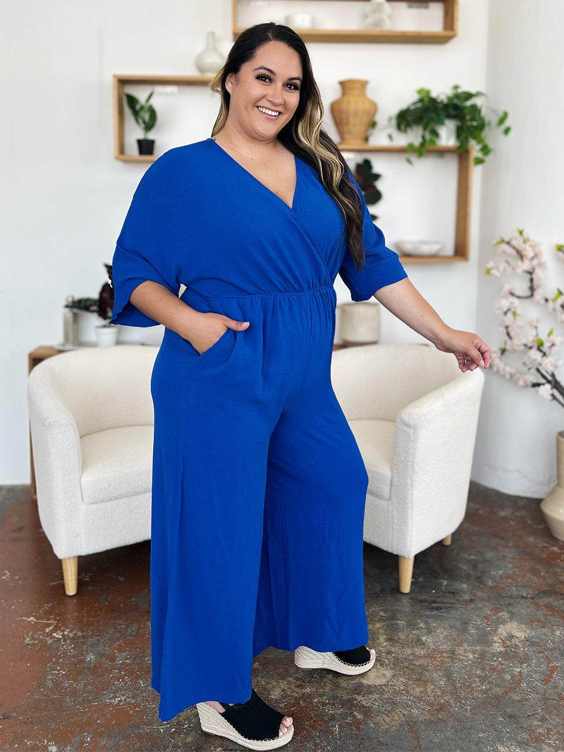 Double Take Full Size Surplice Wide Leg Jumpsuit with Pockets - Selvanelle