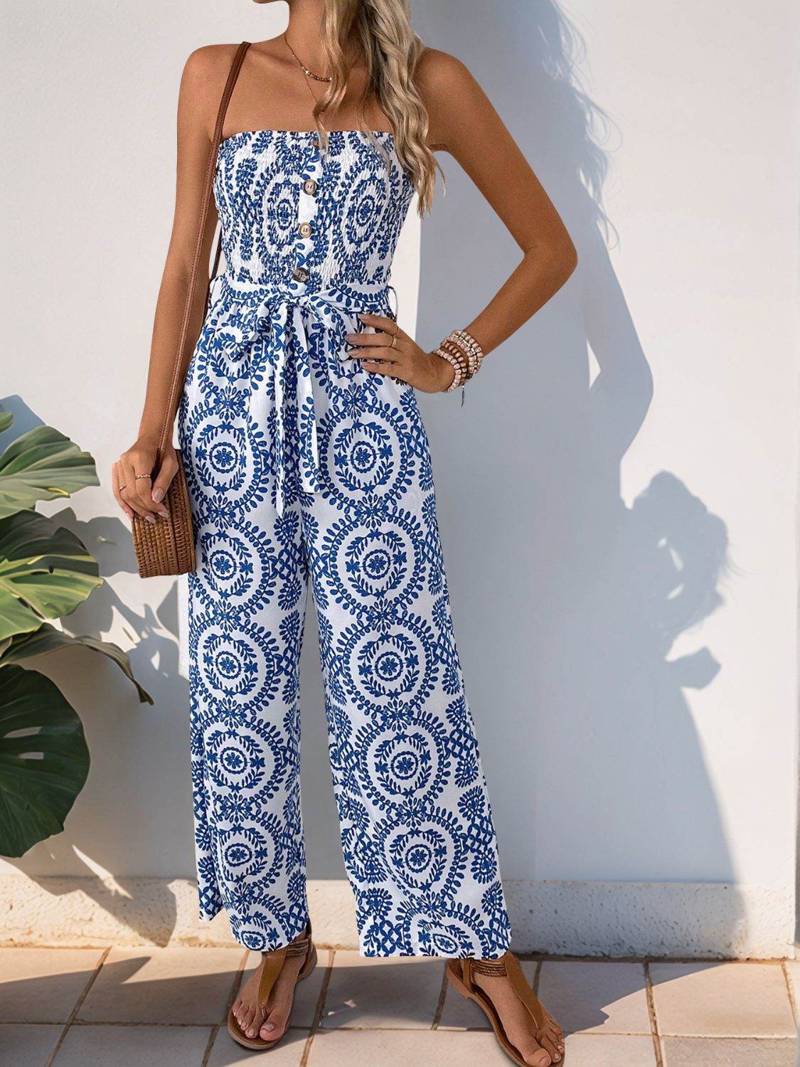 Perfee Smocked Tube Wide Leg Jumpsuit - Selvanelle