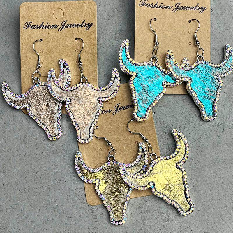 Rhinestone Bull Earrings with Alloy and Cowhide Design - Selvanelle
