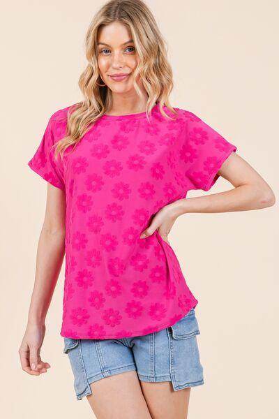 BOMBOM Textured Floral Pattern Short Sleeve T-Shirt for Women - Selvanelle