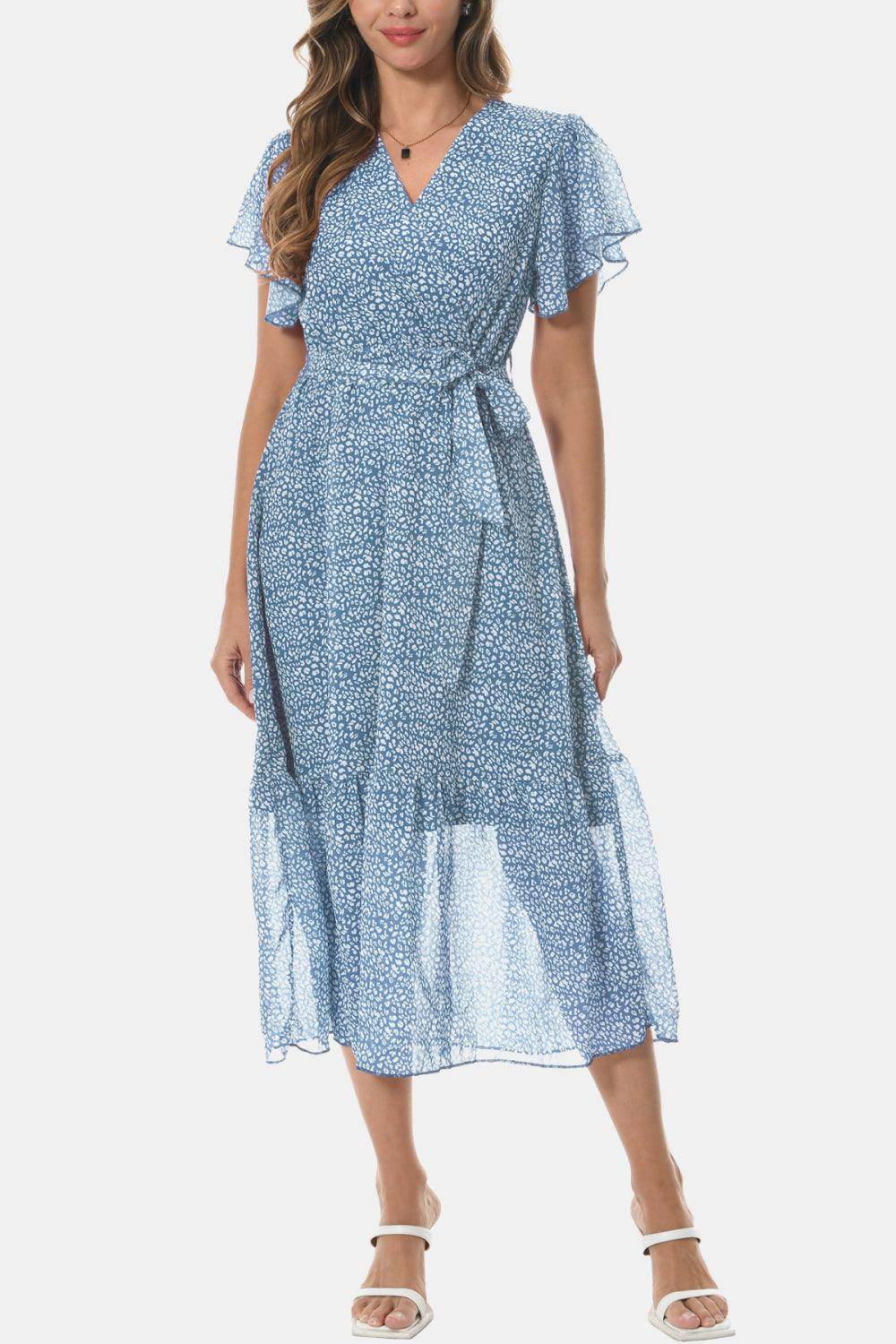 Surplice Neck Flutter Sleeve Tied Dress for Chic Style - Selvanelle