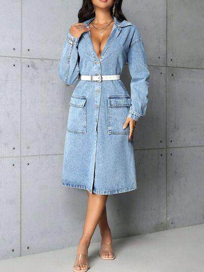 Pocketed Button Up Collared Neck Denim Top for Women - Selvanelle