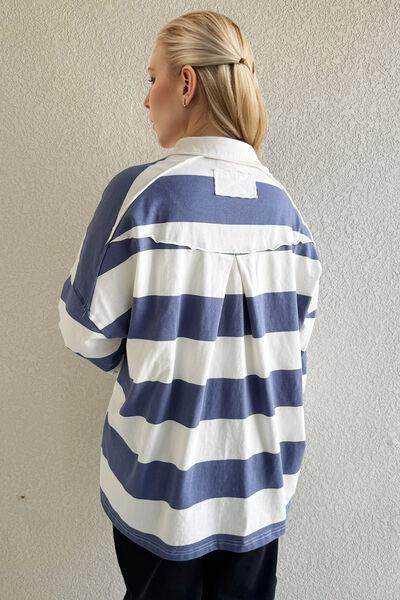 Oh Pima Cotton Wash Wide Striped Collared Neck Top - Selvanelle