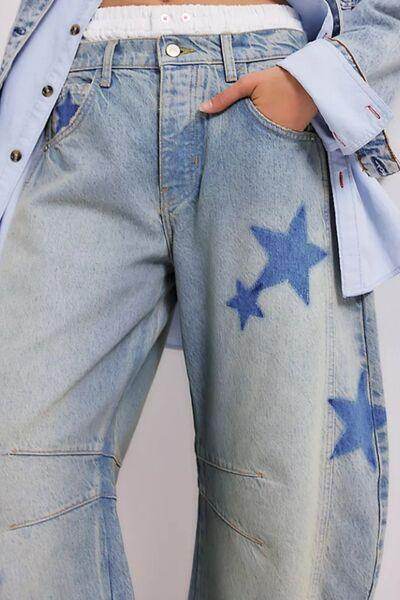Contrast Star Wide Leg Jeans for Stylish Casual Wear - Selvanelle